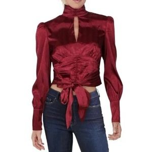 Wayf Holly Long Sleeve Mock Neck Puff-Sleeve Wine Colored Top Size: S